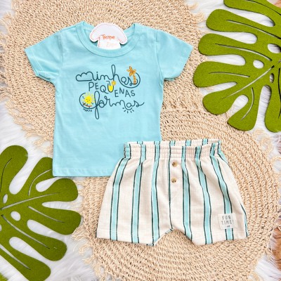 Conj. Camiseta "Minhas Pequenas Formas" e Bermuda Listrada - Azul Piscina e Areia